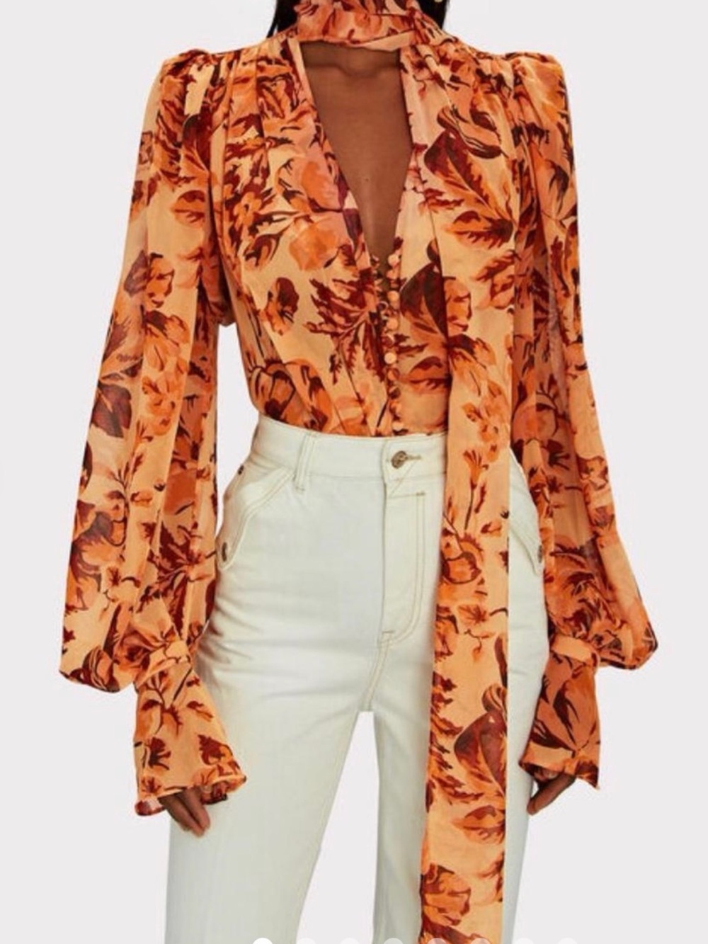 Acler Orange and Rust Floral Tie-Neck Blouse